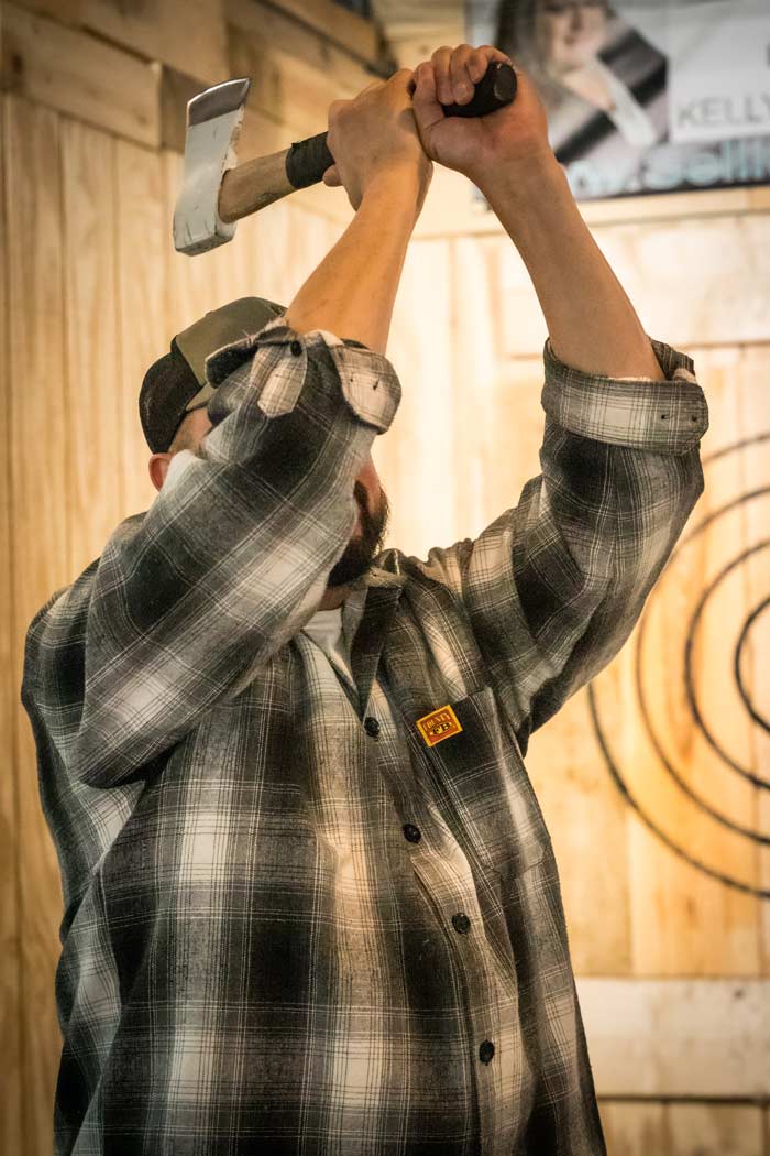 Throwing an axe at Grey Dog Axe Throwing in Marshfield, WI